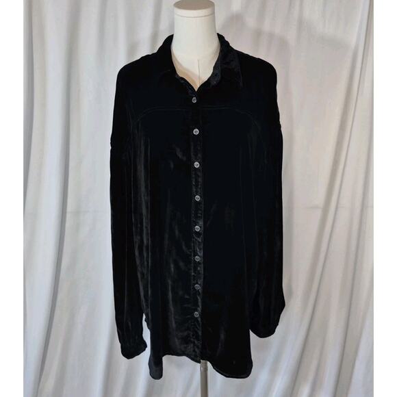 New We The Free Womens Black La Luna Velvet Buttondown Blouse Top Large - Picture 2 of 8